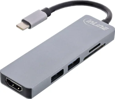 Produktbild von InLine Multi-Hub USB 3.2 Gen.1, 2x USB-A, HDMI 4K/30Hz, Cardreader, Alu, grau, USB 3.2 Gen 1 (3.1 Gen 1) Type-C, HDMI, USB 3.2 Gen 1 (3.1 Gen 1) Type-A, MicroSD (TransFlash), SD, 5000 Mbit/s, 60 Hz, 3840 x 2160 Pixel
