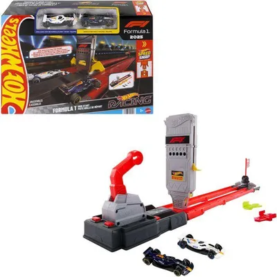 Produktbild von Hot Wheels Rennstrecken-Set, Startgitter im Formel-1-Design, 2 Fahrzeuge im Maßstab 1:64 enthalten, mit Lichtern und Flaggen, ab 3 Jahren