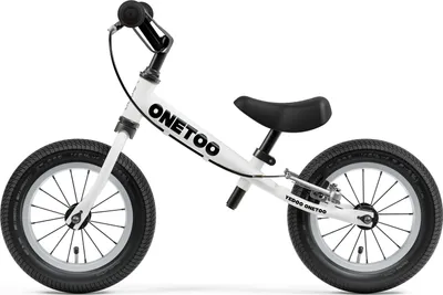 A white balance bike with black tires and seat, shown against a white background.