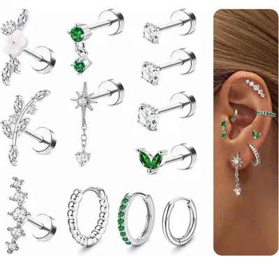 Produktbild von Piercing Set 12 Stück Chirurgenstahl Knorpel Ohrringe Damen Tragus Helix Conch 16G Silber Gold Zirkonia Blume