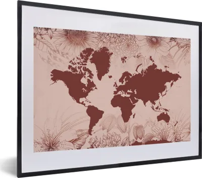 Produktbild von MuchoWow® MuchoWow® Gerahmtes Poster Weltkarte - Blumen - Rot 60x40 cm - Poster mit zchwarzem Bilderrahmen - Schlafzimmer - Plakat in Rahmen - Drucken