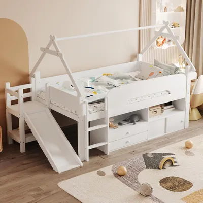 Produktbild von okwish Kinderbett Hausbett 90x200 cm mit Schubladen und Sicherheitsgeländer,Einzelbett mit Sicherheitsrutsche,Holzbett mit Schubladen und offenem Stauraum,Weiß(ohne Matratze)
