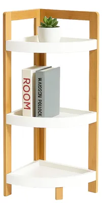 Immagine prodotto di Relaxdays Scaffale angolare in bambù, 3 ripiani semicircolari, LxPxA: 77x23x23 cm, scaffale da appoggio per bagno e cucina, salvaspazio, naturale/bianco, Immagine generata dall'IA