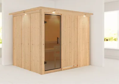 Produktbild von Karibu Sauna Innensauna Gobin Fronteinstieg ohne Zubehör 245x210x202 cm mit Dachkranz mit Graphittür