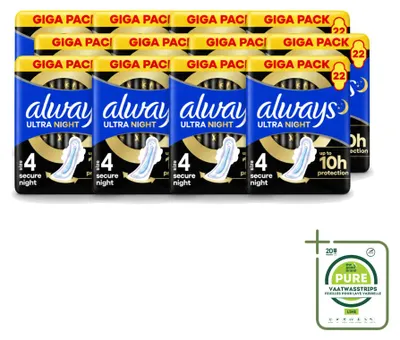 Imagen del producto de 12 compresas nocturnas Always Ultra Secure con alas para mujer – Paquete grande – 12 unidades