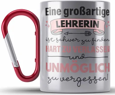 Produktbild von Trendation - Lehrerin Geschenk Edelstahl Tasse Karabiner Geschenkidee Lustig Danke Sprüche Dankeschön Grundschule (Rot)