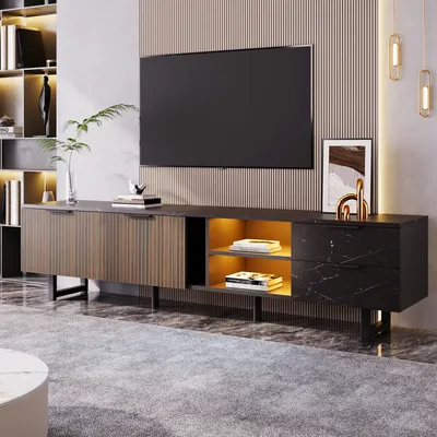 Produktbild von MODFU TV-Schrank Lowboard mit schwarzer Marmoroptik für 90-Zoll-TV, Fernsehtisch Wohnzimmerschränke mit verstellbarer LED-Beleuchtung, zwei Türen und zwei Schubladen für Wohnzimmer, Esszimmer,schwarze