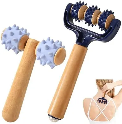 Produktbild von 2 Stück Massageroller Holz mit Igelball, Massage Roller Selbstmassagerolle mit Griff, Massagegerät Beine Arme Rücken Schultern Muskelschmerzen (Blau)