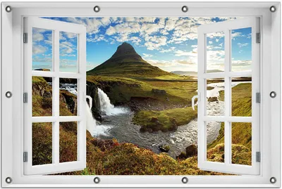 Produktbild von Wallario Outdoor-Poster für Garten oder Balkon 80 x 120 cm: Island Panorama Fluss  Berge und blauer Himmel