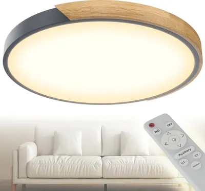 Produktbild von UISEBRT 96W Dimmbar LED Deckenleuchte Holz mit Grauer Außenhülle, Badezimmerleuchte Flurleuchte Küchenlampe Wohnzimmer Deckenlampe für Zuhause