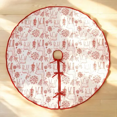 Produktbild von Salcar 120 cm Weihnachtsbaumdecke Beidseitig bedruckte Tannenbaumbaumdecke Rund Rot Christbaumrock Weiß, mit Rentier- & Schneeflockenmotiv