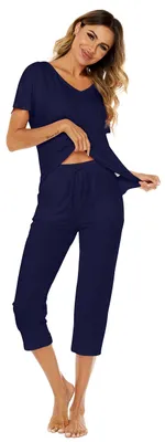 Image de Solidchoice - Ensemble pyjama pour femmes, en coton, idéal pour l'été, avec manches courtes et pantalon 3/4