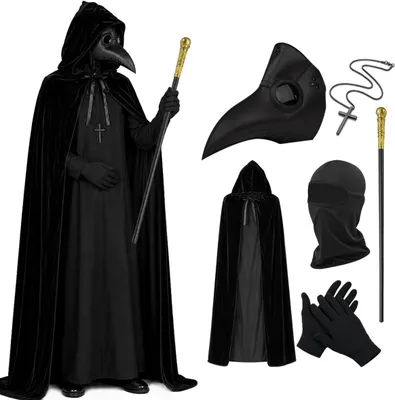 Productafbeelding van Halloween pestdoktermasker kostuumset - Set van 5 - Lange neusmasker en capuchonmantel en koning scepter