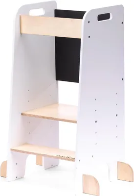 Imagen del producto de Torre de aprendizaje para niños a partir de 1 año | Taburete con plataforma ajustable en altura y pizarra integrada | Torre de aprendizaje Montessori con 5 ajustes de altura | Torre de aprendizaje segura para niños (blanco y madera)