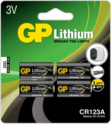 A retail package of GP Lithium CR123A batteries.
