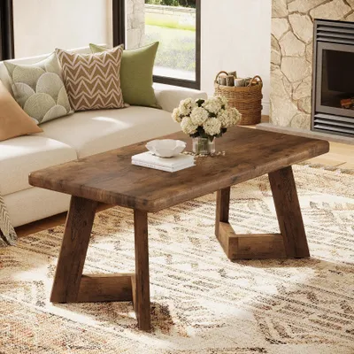 Image de Table basse en bois - Table rectangulaire pour salon - Style rustique "ferme" - Pieds en forme de V - 120x60x51 cm - Marron