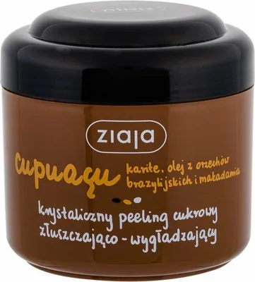 A brown jar of Ziaja Cupuacu Sugar Peeling with text and branding visible.