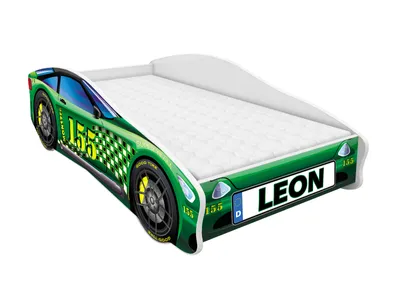 A green race car bed with a white mattress.