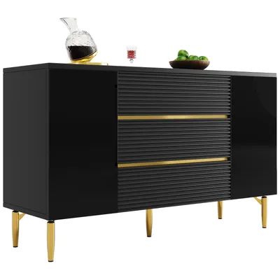 Produktbild von AIORBER Modernes Sideboard Kommode mit 3 Schubladen, Schrank schwarz gold, Stauraum für Wohnzimmer Schlafzimmer Esszimmer, kariert, Schwarz+Gold