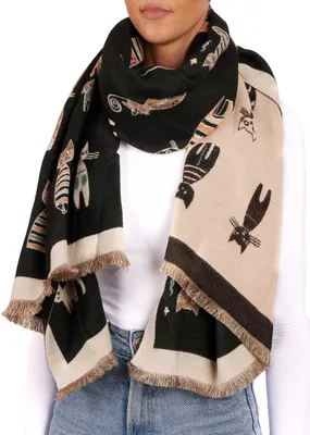 Produktbild von BRUBAKER Cashmirillo Damen Schal mit Katzen Muster - 70 x 200 cm - Wollschal für Herbst und Winter - Weiches Kaschmir-Gefühl, Schwarz