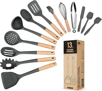 Produktbild von Küchengeräte Set 13-teilig - Hitzebeständiges Kochzubehör mit Holzgriffen