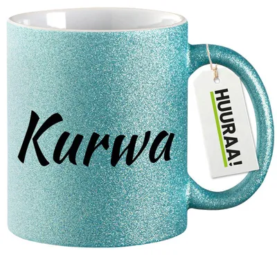 Produktbild von Huuraa Glitzertasse Kurwa Polnisch 330ml Blau Keramik Kaffeebecher Geschenkidee