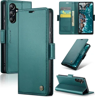 A collage of images showcasing a green leather phone case with multiple views and angles.