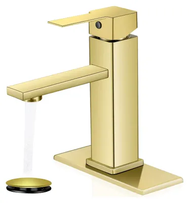 Produktbild von Badezimmerarmatur in gebürstetem Gold, Einloch mit Pop-Up-Ablauf, Einhebel-Design, geeignet für Waschtische und Wohnmobile