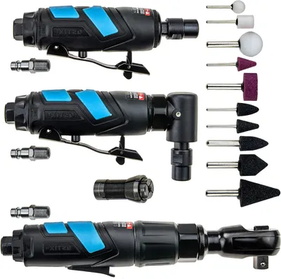 Productafbeelding van Perslucht Gereedschap Set - Slijpmachine Ratel - Werkplaatswerkzaamheden - Inclusief 10 Slijpstenen - 1/4" Luchtinlaat - Grijs