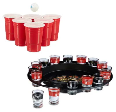 Produktbild von 2 teiliges Trinkspiel Set für Erwachsene, Trink-Roulette, Beer Pong Becher rot, Partyspiel, Saufspiel, ab 18