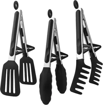 Produktbild von Küchenzange Set 3-teilig, Silikon schwarz, BPA-frei, für Kochen und Grillen