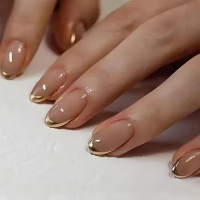 Produktbild von 24 Gold Nägel Zum Aufkleben Kurz Nude Mandel Kunstnägel Oval French Fake Nails