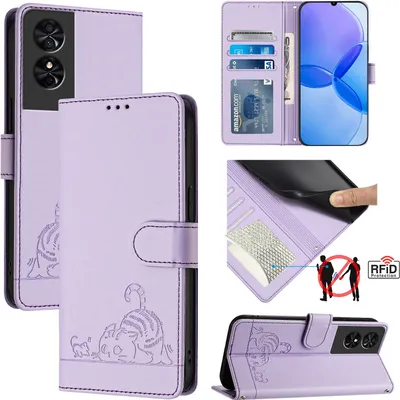 Produktbild von Leder Hülle für TCL 50 SE Süße Katze Flip Case Brieftasche Schutzhülle mit Standfunktion Lila