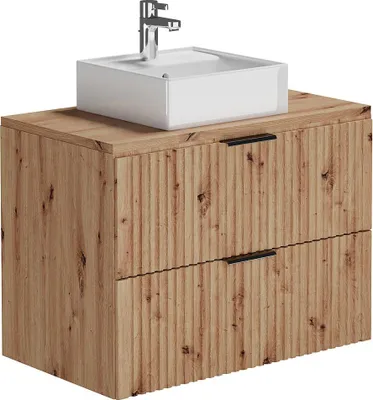 Produktbild von Waschbeckenunterschrank hängend mit Aufsatzwaschbecken - Streifenoptik - Holzfarben hell - 80 cm - ZEVARA