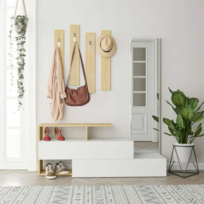 Produktbild von Eingangsmöbel Dmartne, Moderner Eingang, Wandgarderobe, Multifunktions-Aufbewahrungskonsole, 137x35h55 cm, Weiß und Eiche