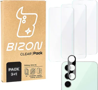 A product box and screen protectors for a Samsung Galaxy S24 FE.