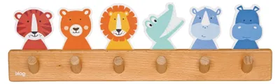 Produktbild von Garderobe für Tierfreunde aus Holz mit 6 Haken, 40 x 6 x 12 cm, Bunte Kindergarderobe mit Tiermotiven