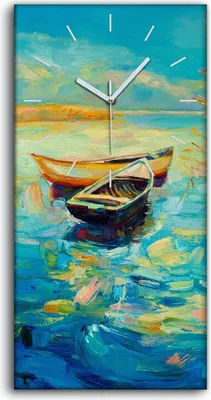 Produktbild von Wanduhr Bürouhr Leinwand Bild Quarz 30x60 See boote blau Himmel Landschaft - weiße Hände