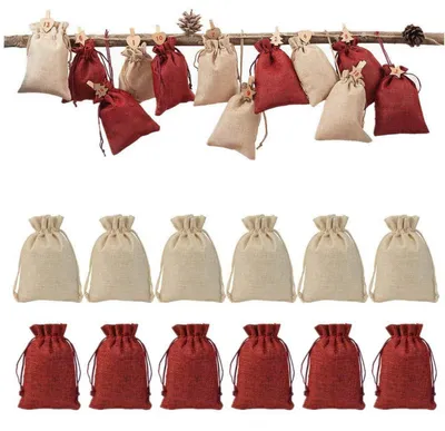 Produktbild von Adventskalender Säckchen 24 Stück Jute 10x14cm Natur Weinrot