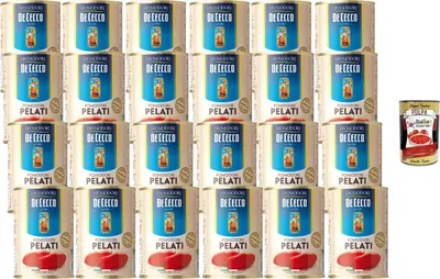 Produktbild von De Cecco Pomodori Pelati 24 x 400 g – ganze geschälte Tomaten aus 100% Italien, ideal für Saucen, Pasta, Pizza, Eintöpfe + Italian Gourmet polpa
