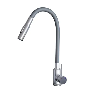Produktbild von GranMaster FLESSILA DUAL Design-Armatur Grau – Massiver Edelstahl & Flexibler Silikonschlauch – Profi-Küchenwasserhahn mit hohem Bogen & Keramik