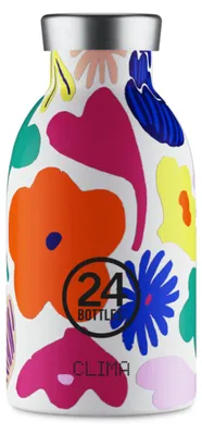 A white bottle with a colorful floral pattern and a silver cap.