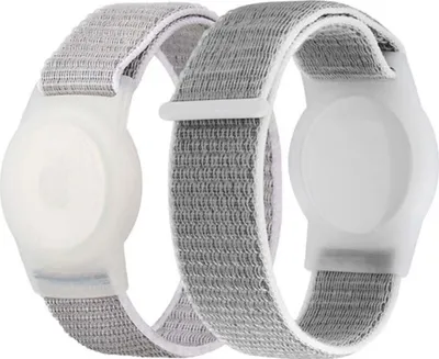Two grey fabric watch bands with white silicone holders for an Apple AirTag are shown against a white background.