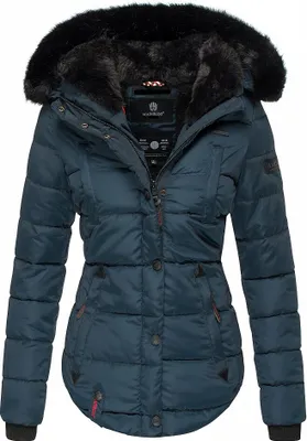 Produktbild von Marikoo Lotusblüte Damen Winter Steppjacke mit Kapuze Kunstfellbesatz Parka Mantel Jacke Navy Gr. 36 - S