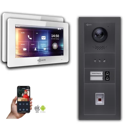 Produktbild von Goliath IP Video Türsprechanlage: 7-Zoll 2 Familienhaus, Fingerprint, Anzeige, Anthrazit : 7 Zoll Weiß : 4er POE : Aufputz Dose Anschluss: 4er POE Monitor Farbe: 7 Zoll Weiß Montage: Aufputz Dose
