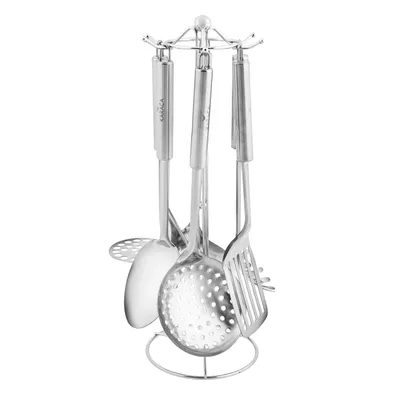 Productafbeelding van Unyqoos® KARACA Chef, set van 7 keukenaccessoires, roestvrij staal 18/10, vaatwasmachinebestendig, inclusief: pastalepel 31,5 cm, zeef 33 cm, spatel 33,5 cm, opscheplepel 32 cm, serveerlepel 33,5 cm, aardappelstamper, standaard