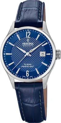 A close-up studio shot of a men's wristwatch with a blue dial and a blue leather strap.