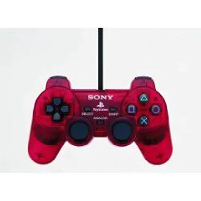 A red Sony Dual Shock 2 controller is shown against a white background.