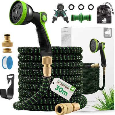 Produktbild von Fepro® Flexibler Gartenschlauch mit 10 Funktion 30m Premium, Wasserschlauch flexibel mit 3-Fach Latexkern inkl. Vollmessing Adapter für 1/2' 3/4' Zoll, Tasche, 2-Wege Ventil und Wandhalterung