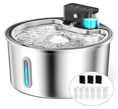 Productafbeelding van Draadloze kattenfontein met bewegingssensor, 3,2 liter, roestvrij staal, 4200 mAh batterij, stille waterpomp, 6 filters + 3 schuimfilters